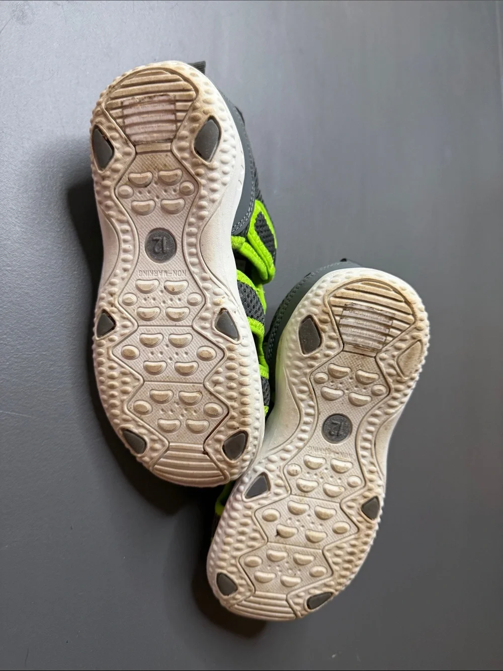 Kids Gray & Neon Green Active Sandals - Velcro Strap. Size: 12